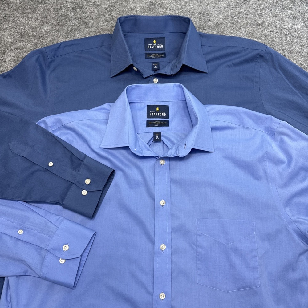 Stafford Travel Easy Care Broadcloth shirts men's 17 34 35 blue office work LOT